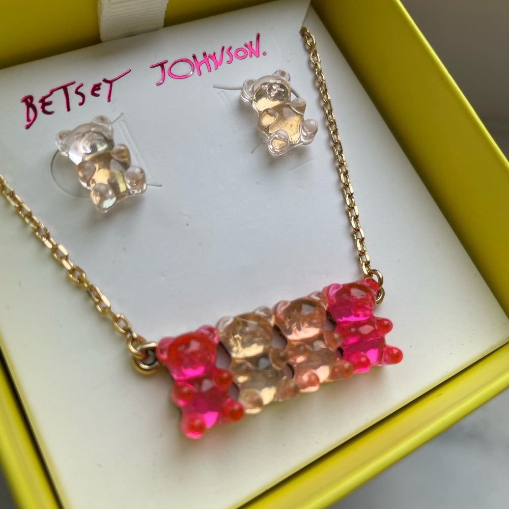 Betsey Johnson Gummy Bear Earrings & Necklace Pink and clear
